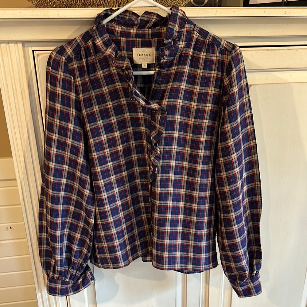Sezane Plaid Button Down Shirt - Blue and Red